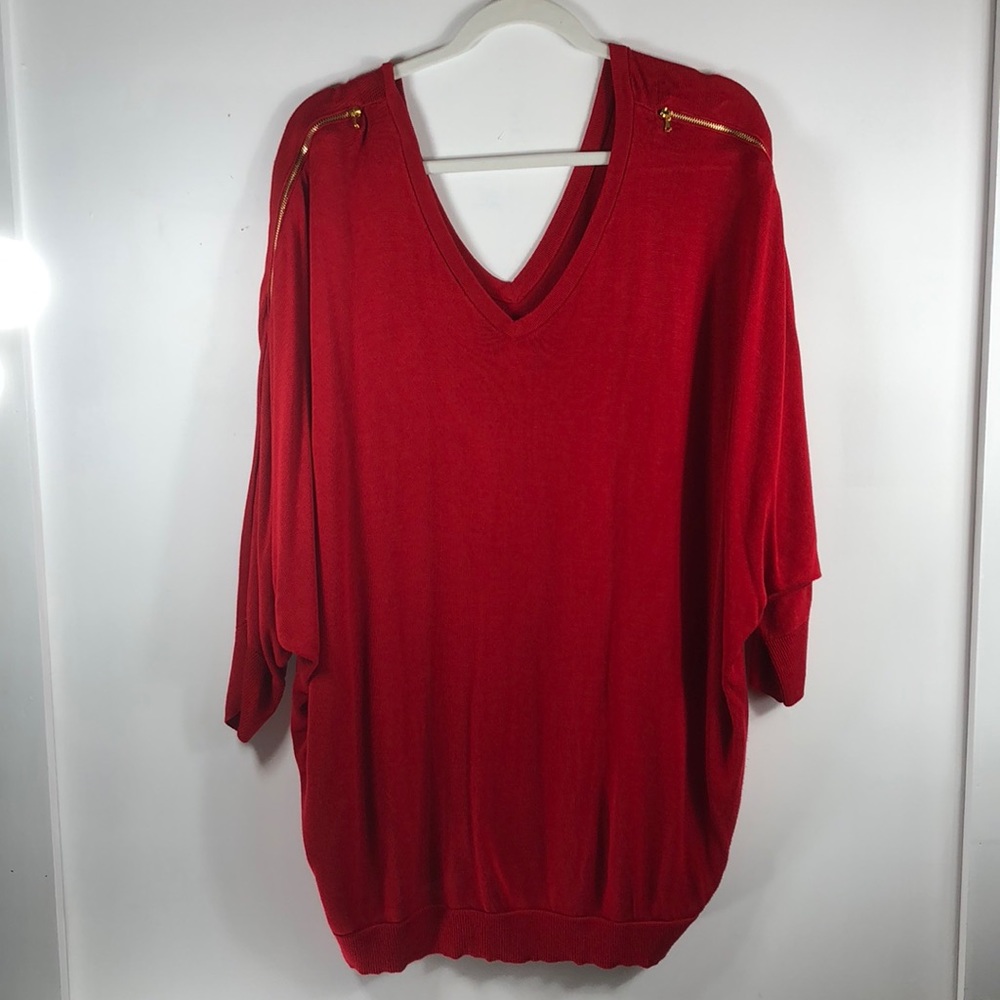 INC Red V Neck Sweater Tunic Gold Zippers